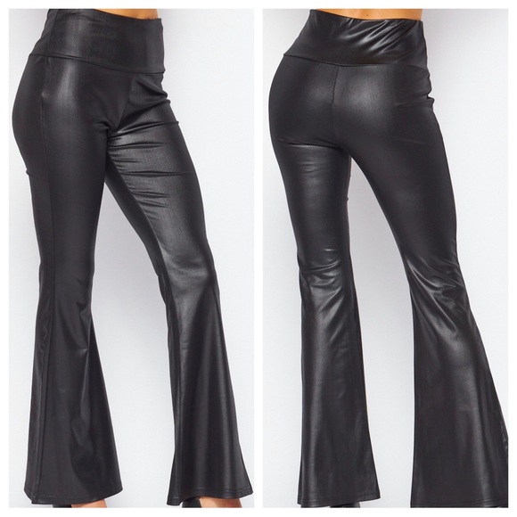 35 Black Faux Leather High Waist Bell Flare Leg Fabulous Pants - Picture 3 of 3
